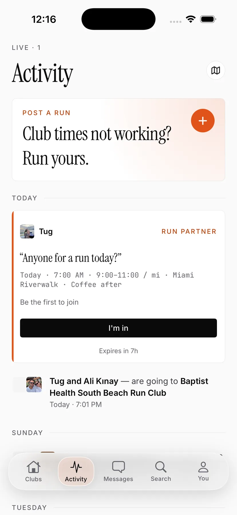 Run-partner posts in the ODDS activity tab