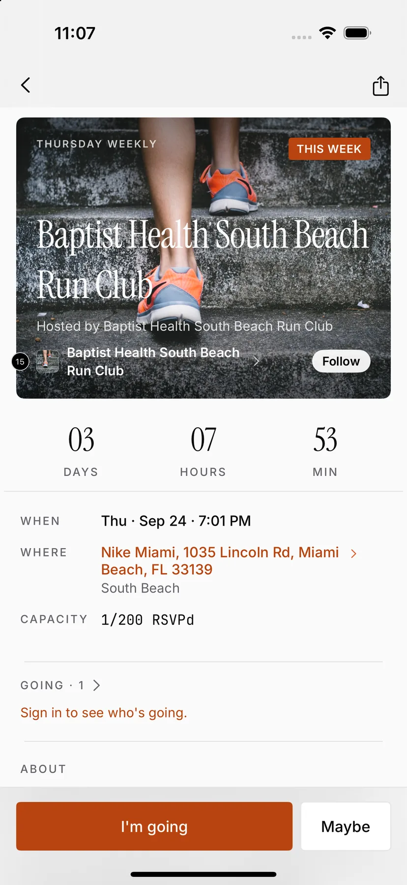 An ODDS run page with countdown, meeting point and RSVP