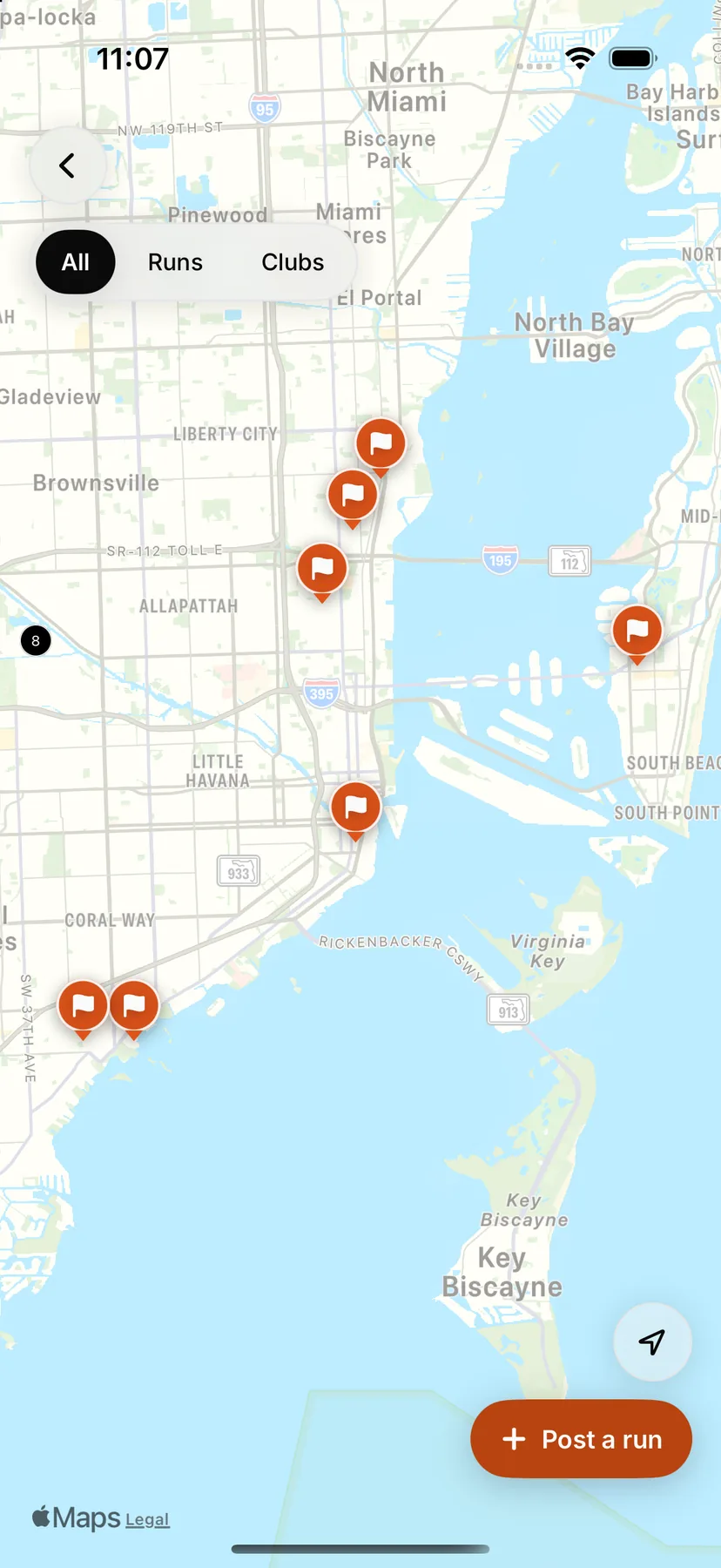 Map of run-club meeting points in the ODDS app